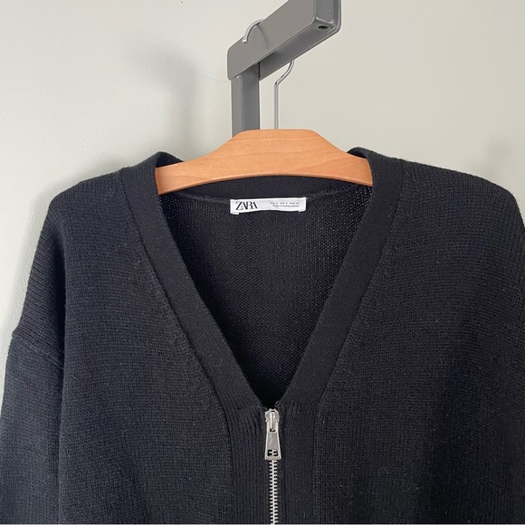 Zara Wool Blend Oversized Slouchy Knit Zip Up Cardigan Sweater Black Size Small - Picture 3 of 7